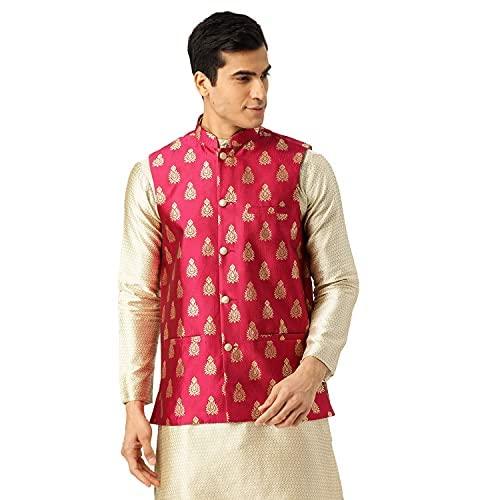 sojanya (since 1958, mens silk blend magenta & gold self design nehru jacket, size: 40