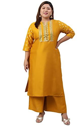 xl love - by janasya women's plus size mustard poly silk kurta with palazzo (pj0003-set-6xl)