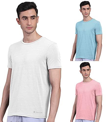 freecultr men's bamboo undershirt anti microbial anti odor breath tech super soft & comfort fit lounge wear and sleep wear t-shirt - size l pack of 3-white,chalk blue,pastle peach