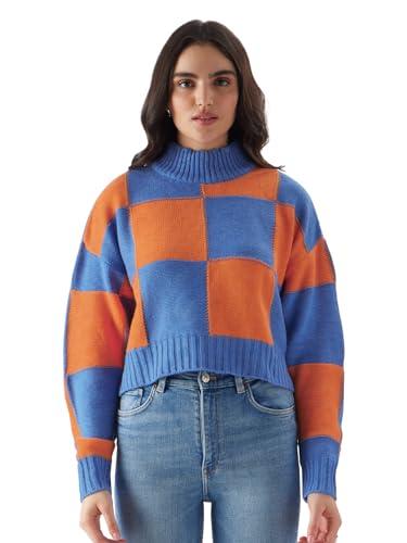 the souled store solids: blue, orange (colourblock) women turtle neck sweaters cozy warm soft winter sweater fashion trendy comfortable crew neck unisex style chunky sweaters wear