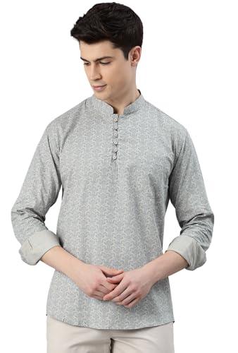 majestic man slim fit cotton printed short kurta (small, clay)