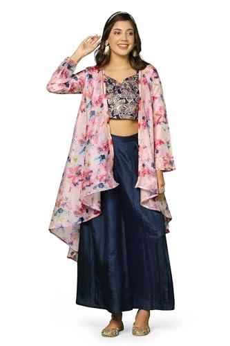 fashion dream women’s dola silk crop top and palazzo suit set with shrug (fdwset00062 nbl m_navy blue_m)