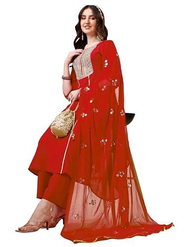 ethnicjunction chinon women's cotton blend embroidered thread work chinon a-line kurta pant with sequence dupatta set(skd9-kainchan-red_m)