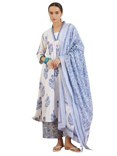 indo era women's printed pure cotton calf length a-line kurta & palazzo with dupatta set (kh0wh6282_small)