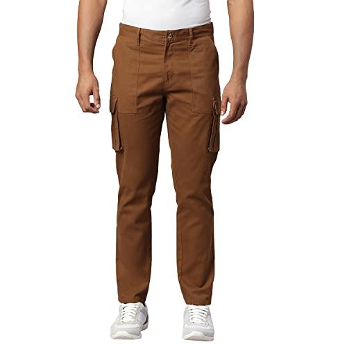 hubberholme men's cotton slim fit solid cargos, casual trousers with cargo pockets (brown, 34)