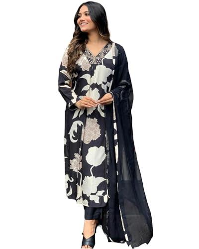 gosriki women's rayon blend straight printed kurta with pant & dupatta (kalal black-gs_xl_black_x-large)