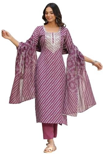 anni designer women's cotton blend straight printed kurta with pant & dupatta (doremi-wine_xl_wine_x-large)