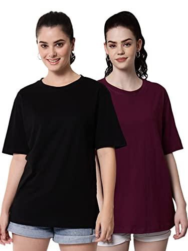 funday fashion cotton half sleeve printed oversized t-shirt for womens/girls (pack of 2) (xxxx-large, black & dark purple)