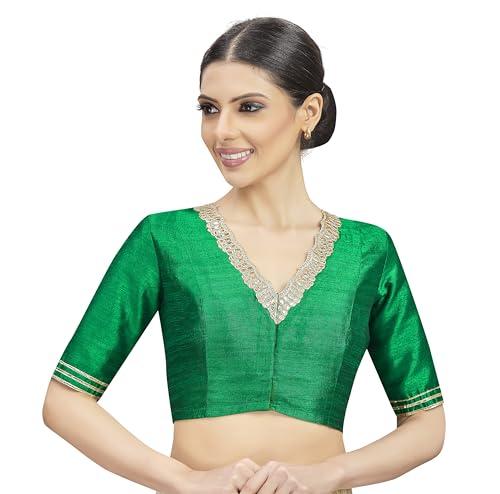 studio shringaar women's readymade silky saree elbow length sleeves blouse with embroidered neckline (green, 36)