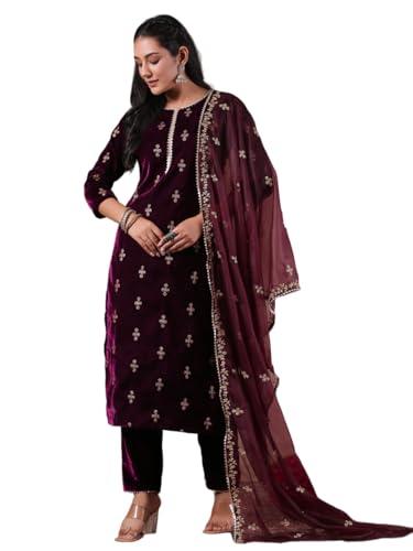 ishin women's velvet self design purple straight kurta suit set with trousers and dupatta