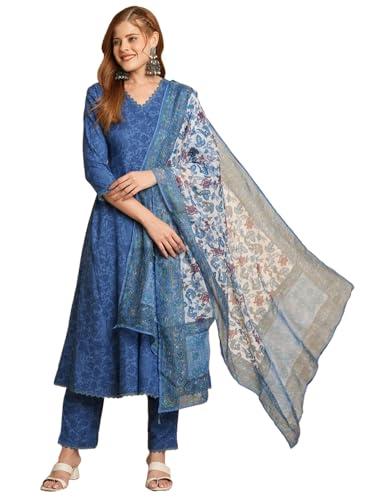 gosriki women's cotton blend anarkali printed kurta with pant & dupatta (utsav blue-gs_s_blue_small)