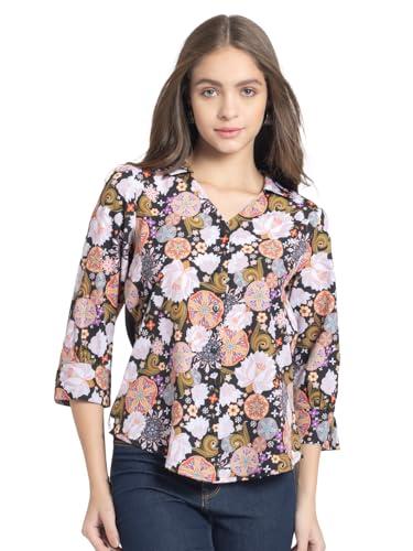 shaye stylish v-neck black floral print three-quarter sleeves casual tops for women