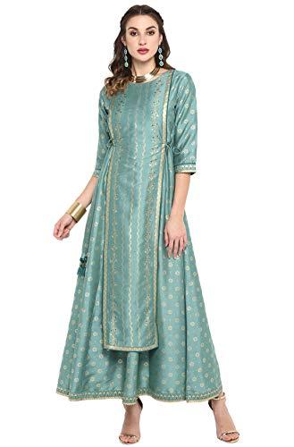 janasya women's green rayon crepe foil print flared ethnic dress(j0005-dr-l)