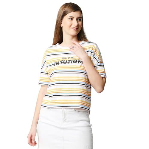 pepe jeans stripes cotton single jersey crew neck women's t-shirt (multi-coloured,small)