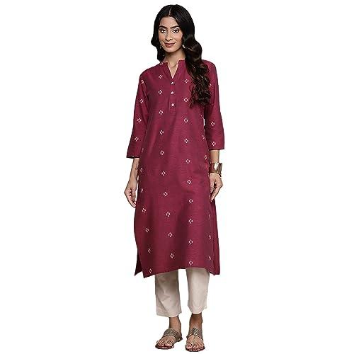 anubhutee women's cotton ethnic motifs embroidered fuchsia straight kurta