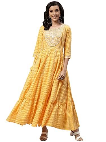 readiprint fashions anarkali style cotton fabric yellow color dress (yellow_m)