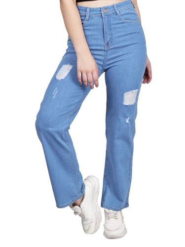 zxn clothing straight-baggy fit distressed high waist light blue jeans for women/girls