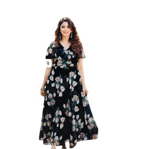 rupansh creation georgette long maxi dress printed gown for wedding, party, anniversary, birthday (jet-black, m)