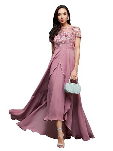 miss chase women's round neck short sleeve floral layered georgette midi dress (mcss23d13-78-309-02, multicolored-base-dusty lavender, xs)