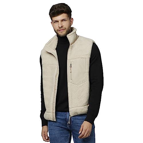 celio solid beige sleeveless sherpa jacket