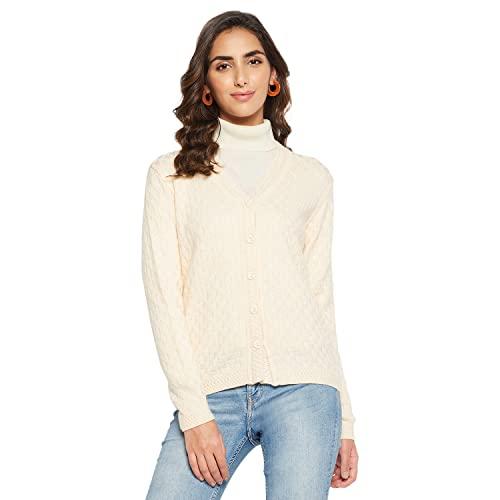 cantabil stylish cable knit design v-neck warm woollen full sleeve winter wear women’s regular fit cardigan sweater – off white (lswt00042_offwhite_xxxl)