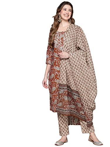 anubhutee women's cotton rust red ethnic motifs embroidered straight kurta suit set with trousers and dupatta