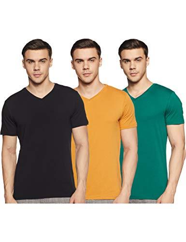 amazon brand - symbol men's solid cotton t shirt | plain | v neck | half sleeve - regular fit | combo pack of 3 (available in plus size) (black,viridian,inca gold_m )