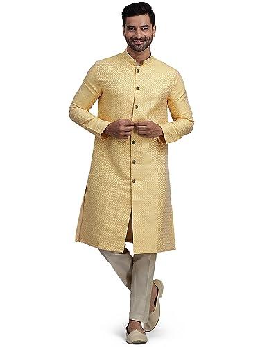 the kurta company men's yellow jacquard front open regular fit kurta - ghet_44