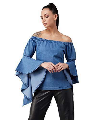 dolce crudo women's blue off-shoulder ruffled full sleeves solid denim top(doaw18den03-14-115-03,blue,s)