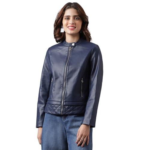 latin quarters women's blue navy solid biker jacket-m