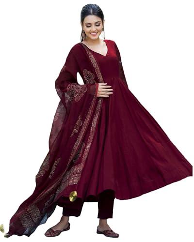 gosriki women's cotton blend solid anarkali kurta with pant & dupatta (magic-wine-gs_m_wine_medium)