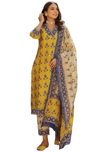 gosriki women's cotton blend straight printed kurta with pant & dupatta (uchiha mustard-gs_xxl_mustard_xx-large)