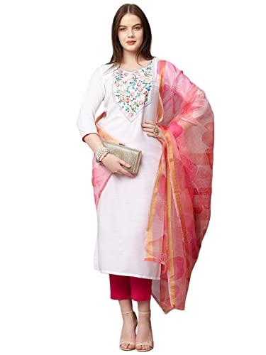 anni designer women's cotton blend solid straight kurta with pant & with dupatta (chora wp_white_l_white_large)