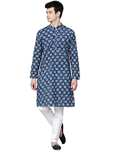 see designs blue & white cotton regular fit printed kurta set_sdkt88401l