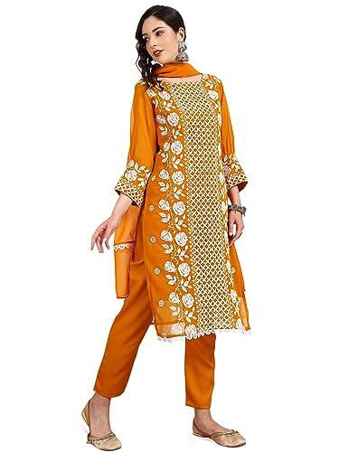 ethnicjunction women's lucknowi chikankari embroidered thread work georgette straight kurta pant and dupatta set(skd4-panel-mustard_s)