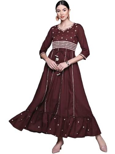 anubhutee women's cotton maroon yoke embroidered ethnic dress