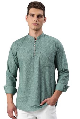 majestic man slim fit cotton printed short kurta (x-large, green)