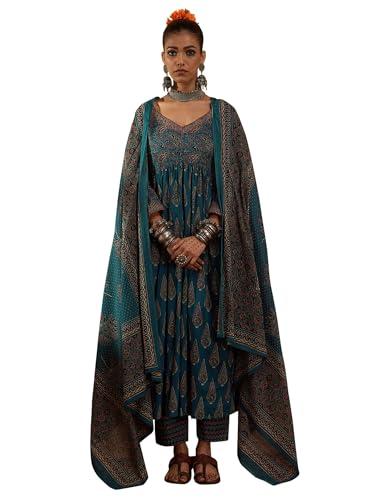 indo era women's teal pure cotton printed a-line kurta & pant with dupatta set (kh0tl5523_medium)