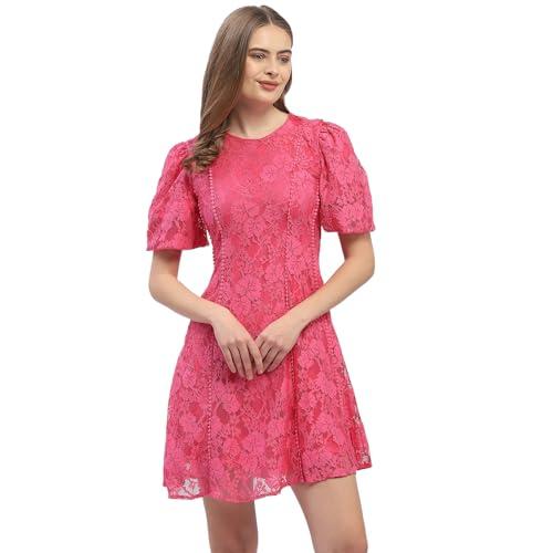 madame puff sleeve pink lace a-line dress