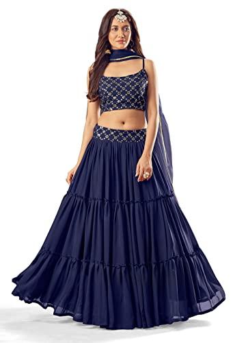 fashion basket women's gerogette semi stitched blue lehenga choli