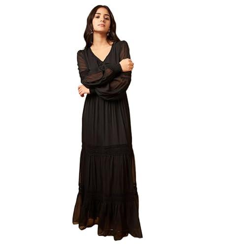 drape and dazzle women black solid floral chiffon maxi dress with lace work long dress | western dress for women |dd-109-black-xl