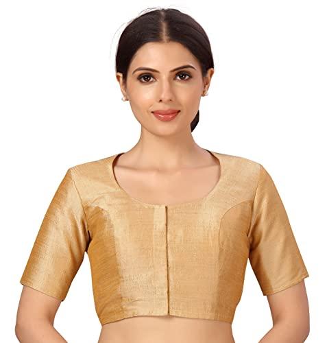 studio shringaar womens basic polyester short sleeves textured plain coloured art silk saree blouse(golden, 40)