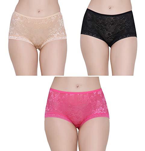 glamoras womens cotton lace net material low rise floral design panty with lace trim, size-medium, black beige pink (pack of 3)