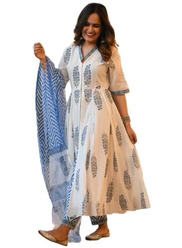 klosia women block printed kurta and pant set with dupatta. (medium)