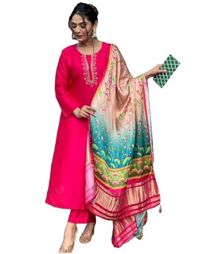 anni designer women's rayon blend embroidered straight kurta with pant & dupatta (ocb pink_xl_pink_x-large)