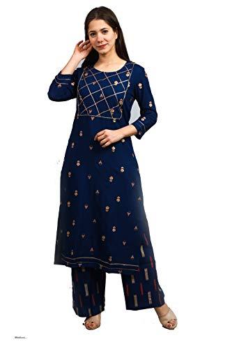 meera fab women cotton teal blue printed kurta with palazzo (large)