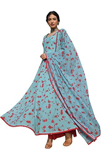 janasya women's sea green georgette floral print kurta with flared palazzo and dupatta(j0450-kr-pp-l)