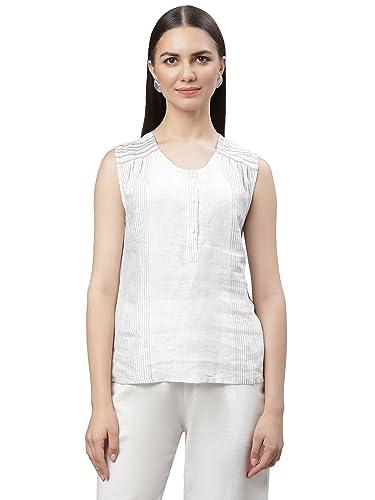 linen club woman pure linen multicolor striped top for women (size:m)-lwtost0090203