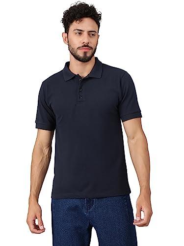 kotty men solid spread collar cotton blend t-shirt indigo blue