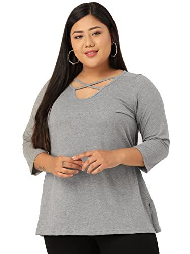 therebelinme plus size women's light grey solid color neck cut out detail knitted top(xxxxl)